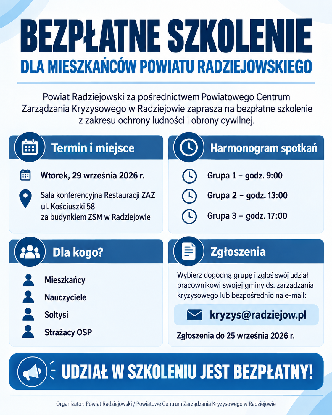 BEZPŁATNE SZKOLENIE DLA MIESZKAŃCÓW POWIATU RADZIEJOWSKIEGO